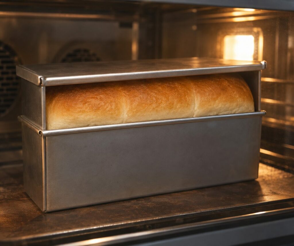 Shokupan baking in a covered Pullman pan under warm bakery light