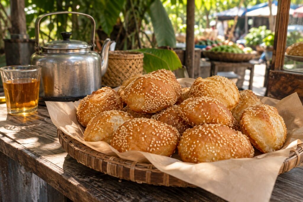 Pains bánh tiêu soufflés sur plateau de marché vietnamien