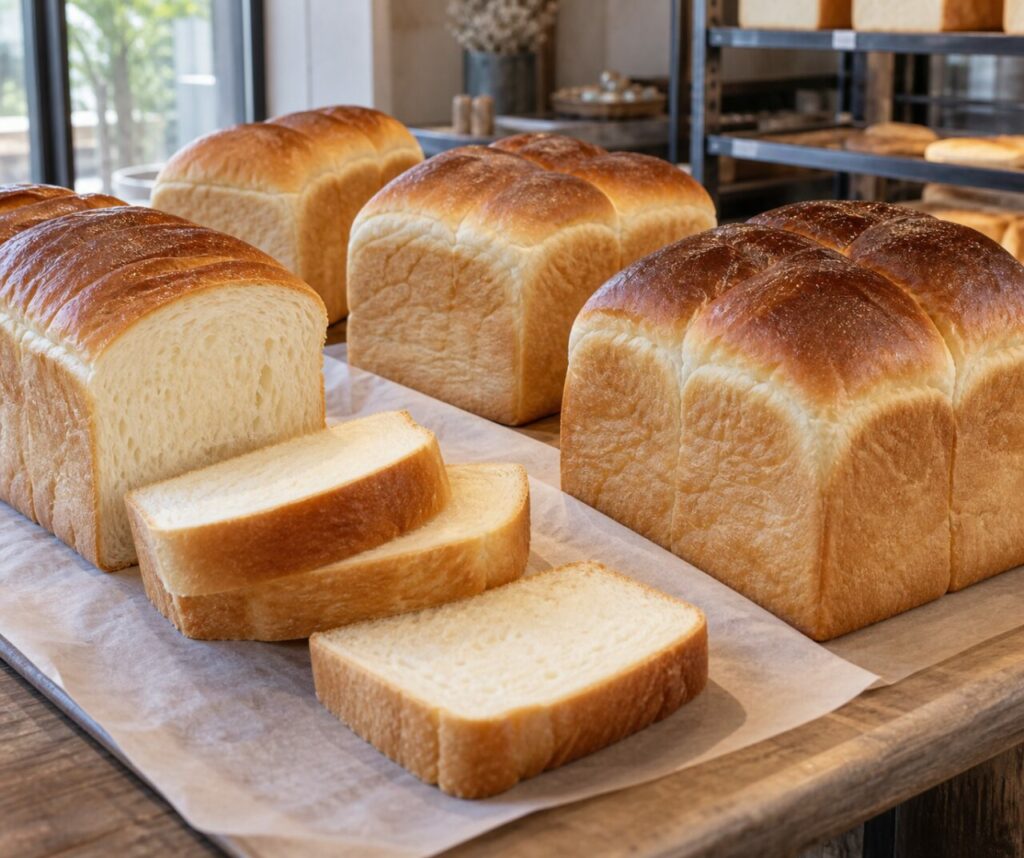 Pains shokupan et tranches disposés sur papier cuisson dans une boulangerie