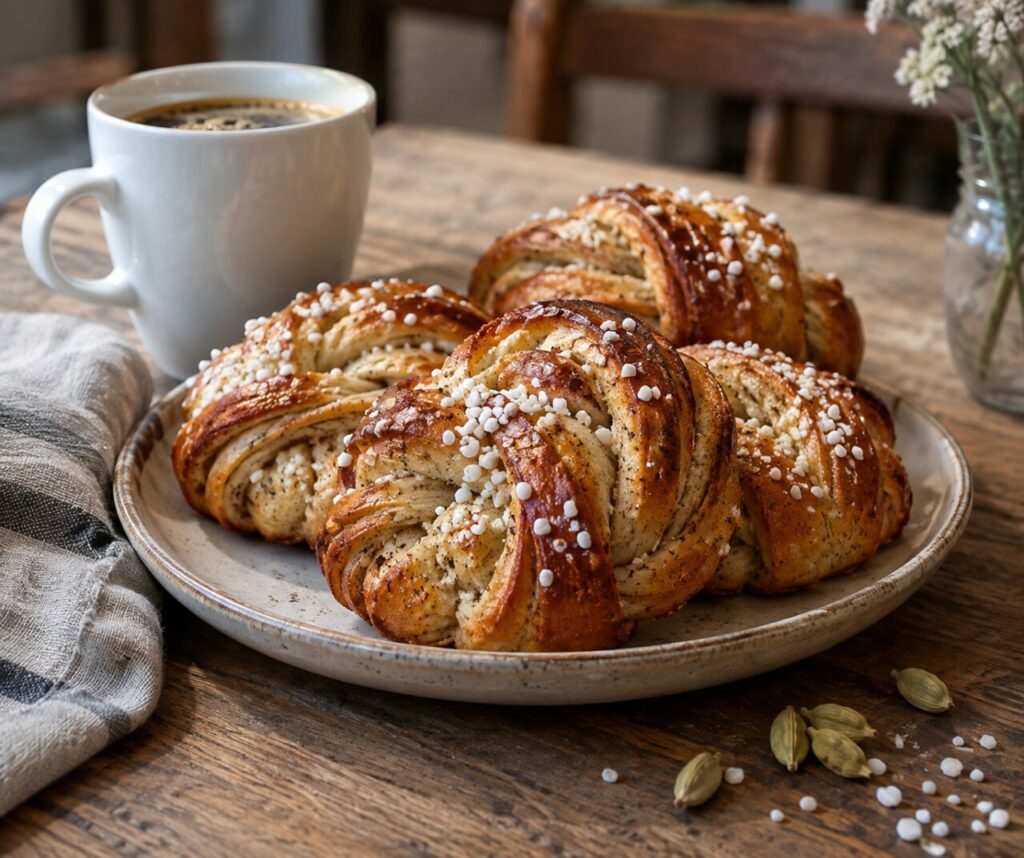 Swedish cardamom buns beside a coffee cup