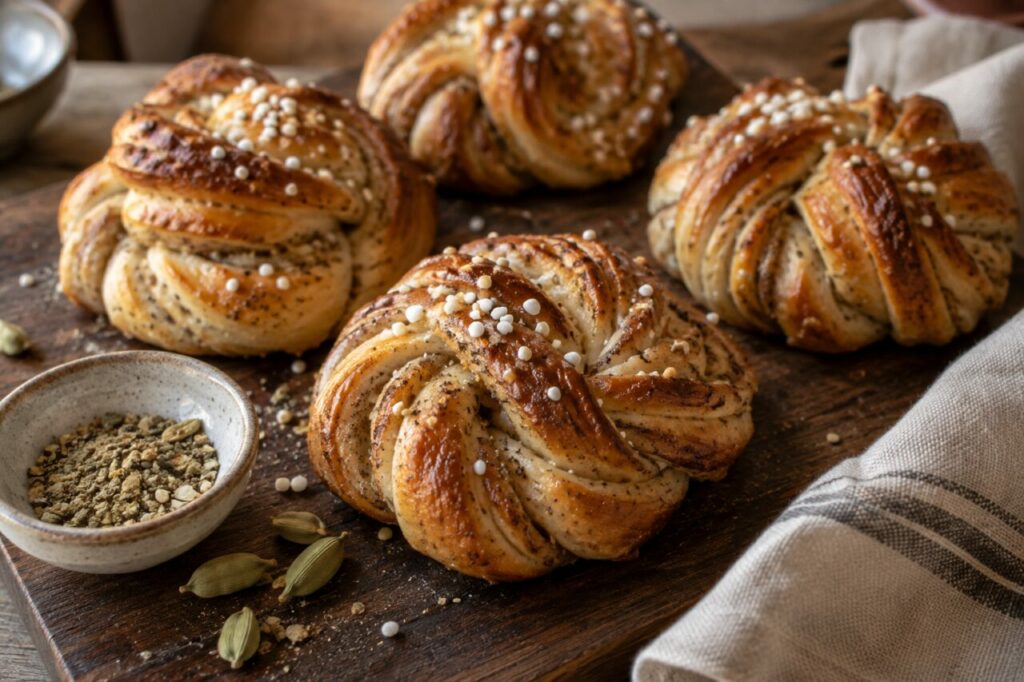 Braided cardamom buns on a dark wooden board