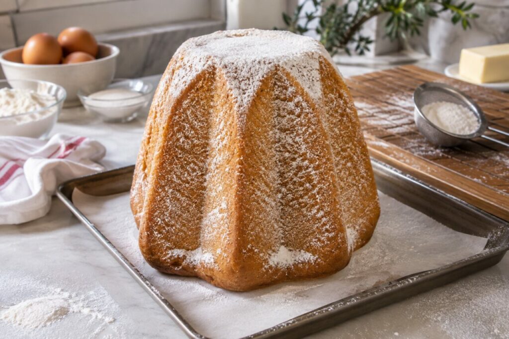 Pandoro italien au sucre glace sur plaque et papier cuisson