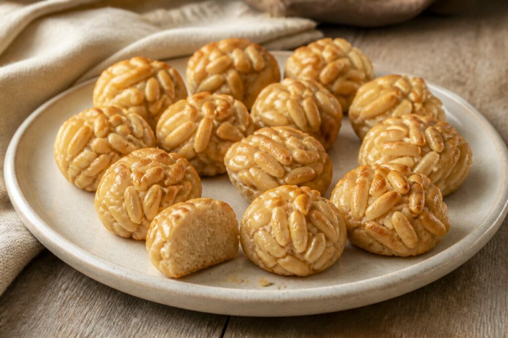 Doce tradicional catalão — panellets redondos cobertos de pinhões, com uma peça aberta de textura densa