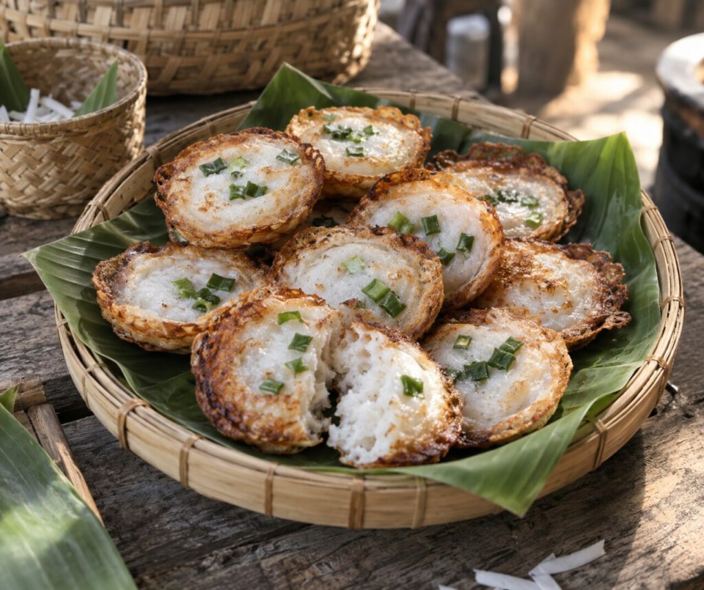 Crisp Thai khanom khrok coconut cakes arranged in a woven bamboo basket