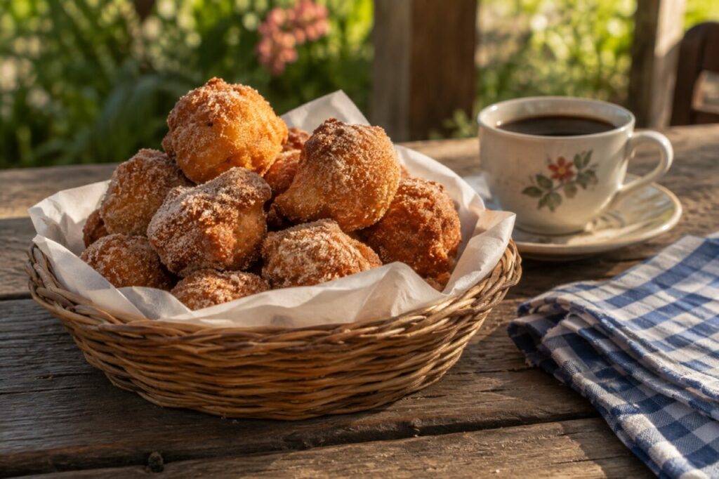 Panier tressé de bolinhos de chuva près d’une tasse de café