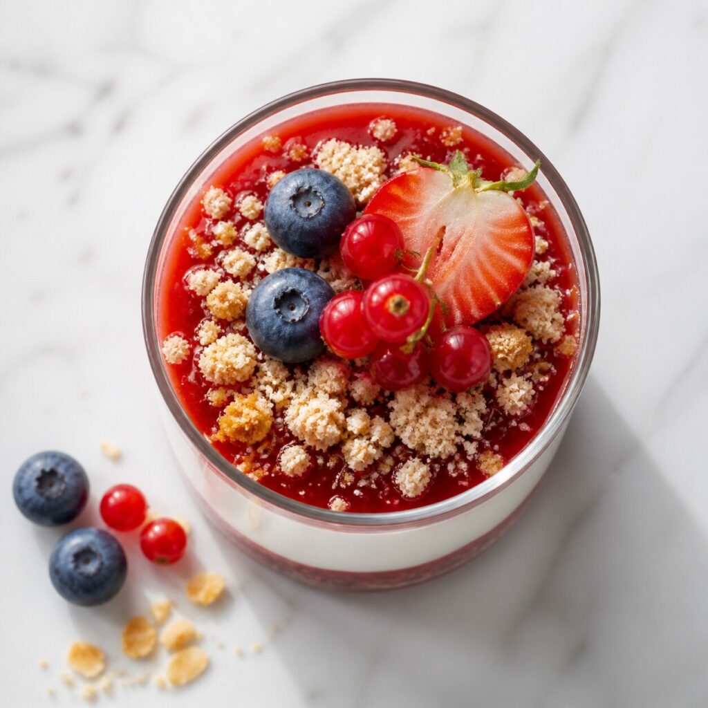 Dessus de panna cotta vanille garni de crumble, fraise, myrtilles et groseilles
