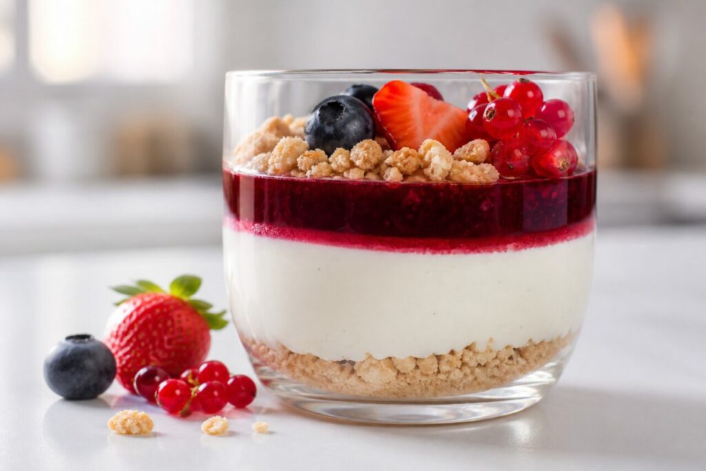 Couches de panna cotta vanille, coulis rouge et crumble avec fruits frais