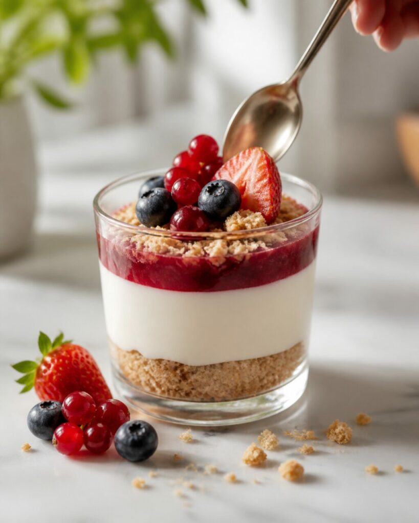 Cuillère au-dessus d’une panna cotta vanille aux fraises, myrtilles et groseilles
