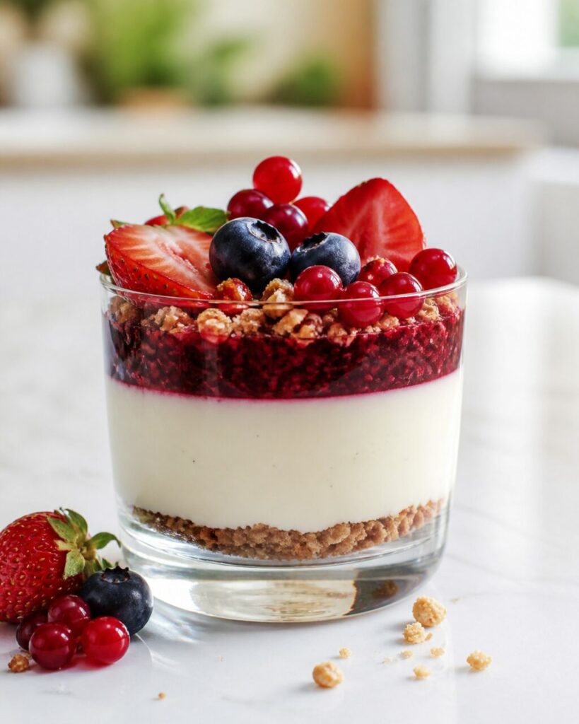 Fraises, myrtilles et groseilles sur panna cotta vanille au coulis rouge