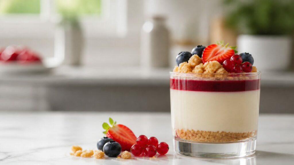 Panna cotta vanille aux fruits rouges dans une cuisine blanche lumineuse