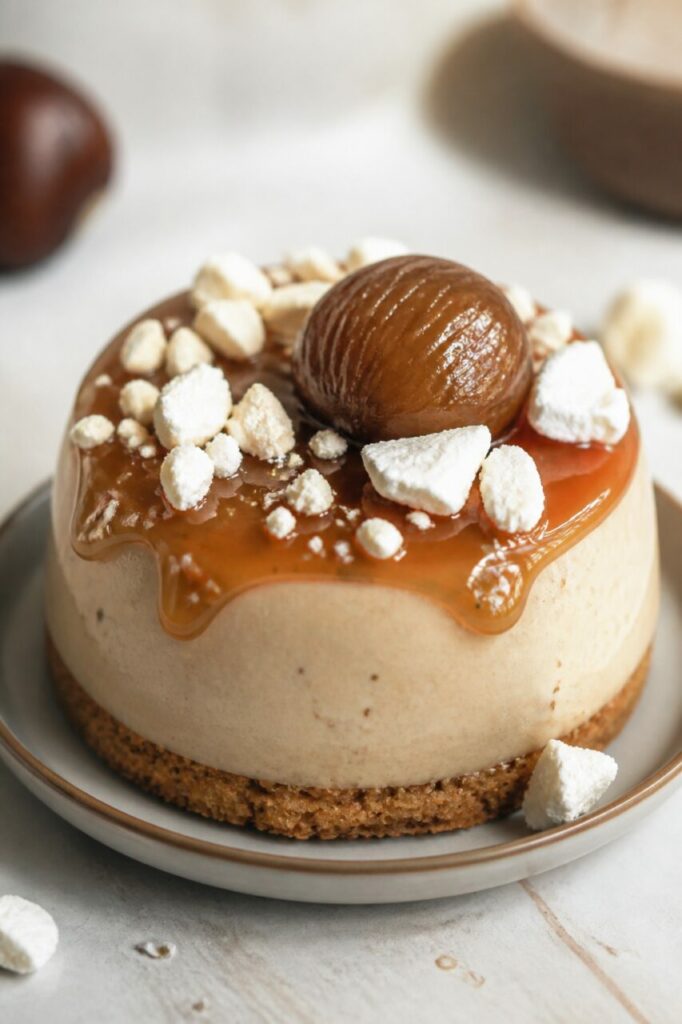 Au-dessus du biscuit croustillant, une panna cotta aux marrons porte caramel et châtaigne entière