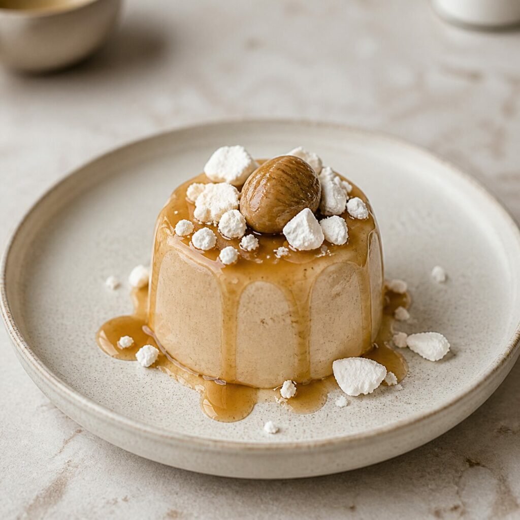 Sous la châtaigne glacée, une panna cotta aux marrons cannelée ruisselle de caramel