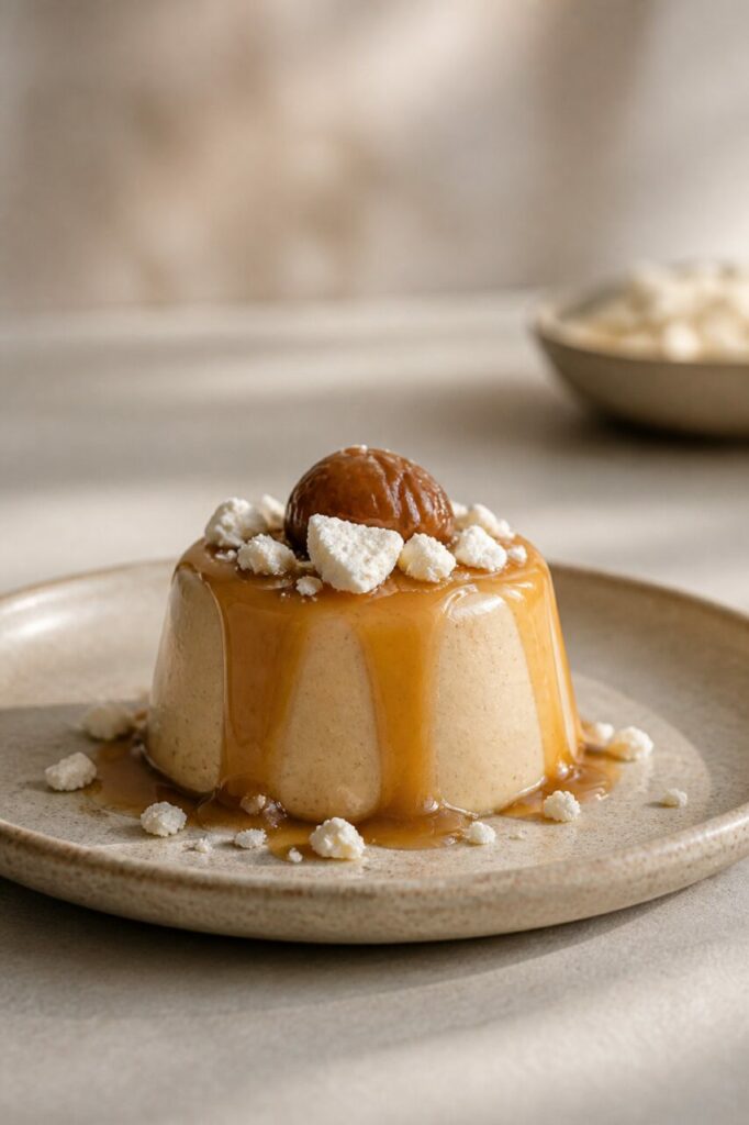 Dans la lumière douce, une panna cotta aux marrons cannelée réunit châtaigne et meringue