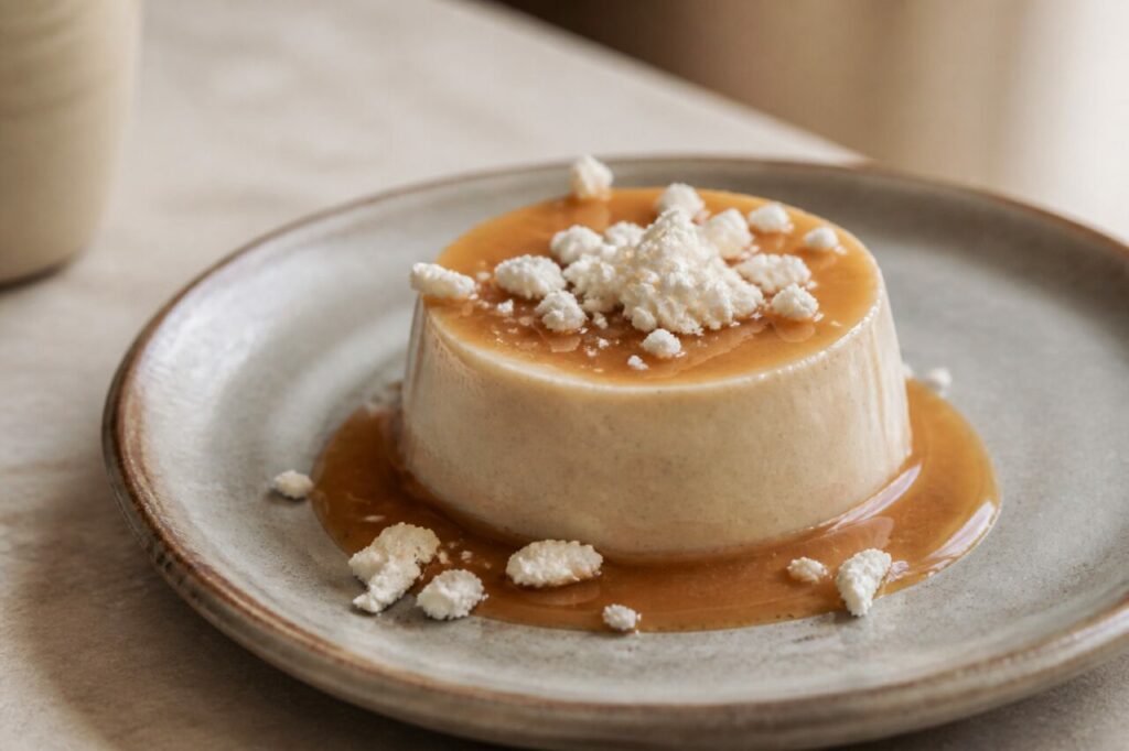 Sur l’assiette de grès, une panna cotta aux marrons mêle caramel coulant et éclats de meringue