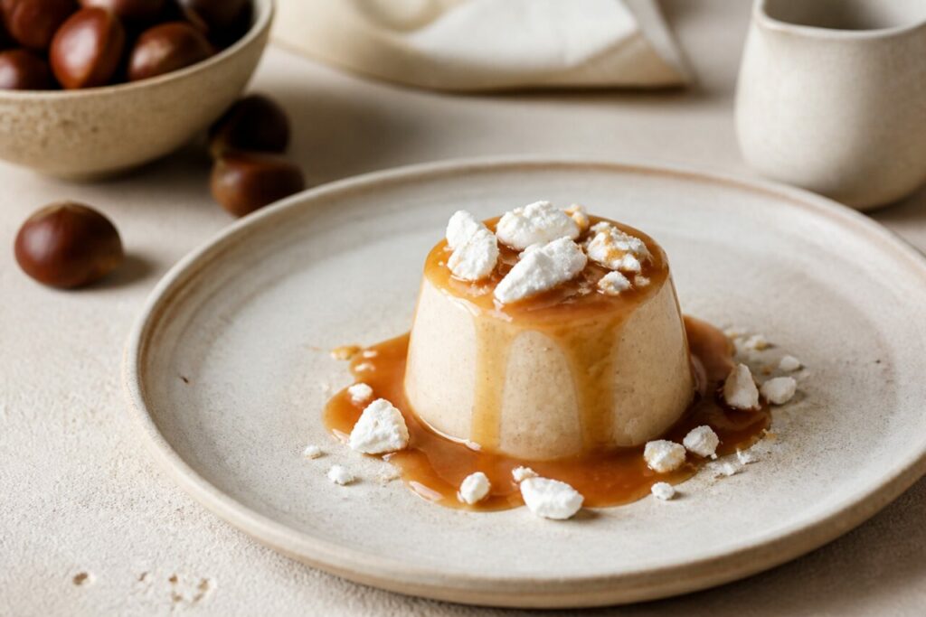 Avec les châtaignes du goûter, une panna cotta aux marrons se pare de caramel et de meringue