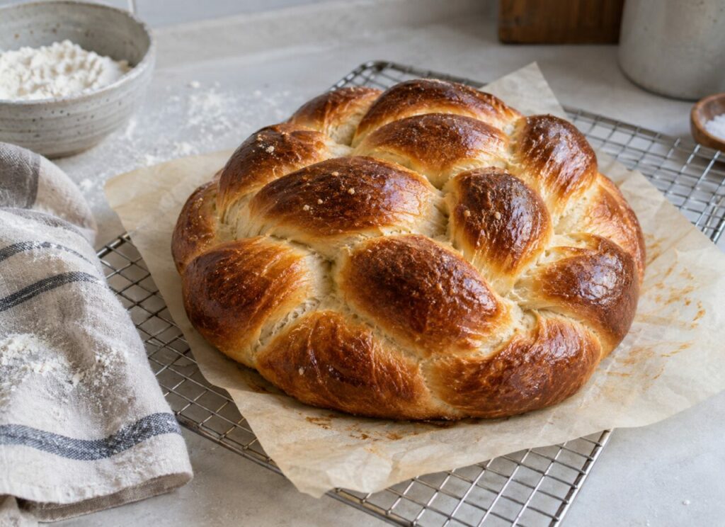 Papier cuisson et grille métallique sous une challah ronde