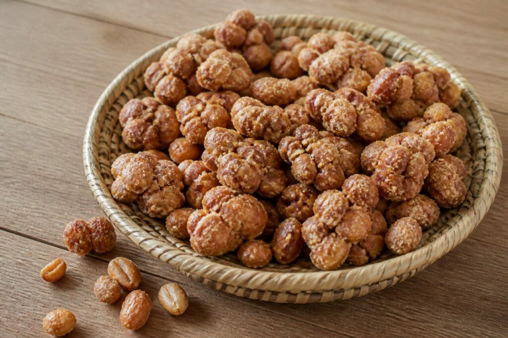 Paracuca angolaise, cacahuètes enrobées de sucre croquant dans un panier tressé