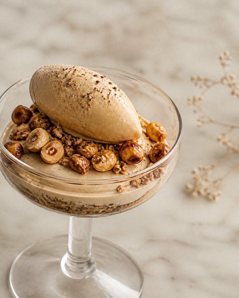 Noisettes couronnant la coupe de parfait glacé