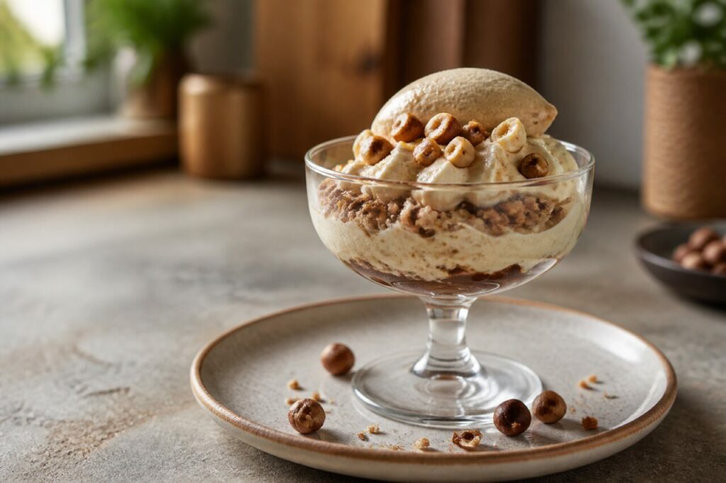 Parfait gelado de café e avelã junto à janela