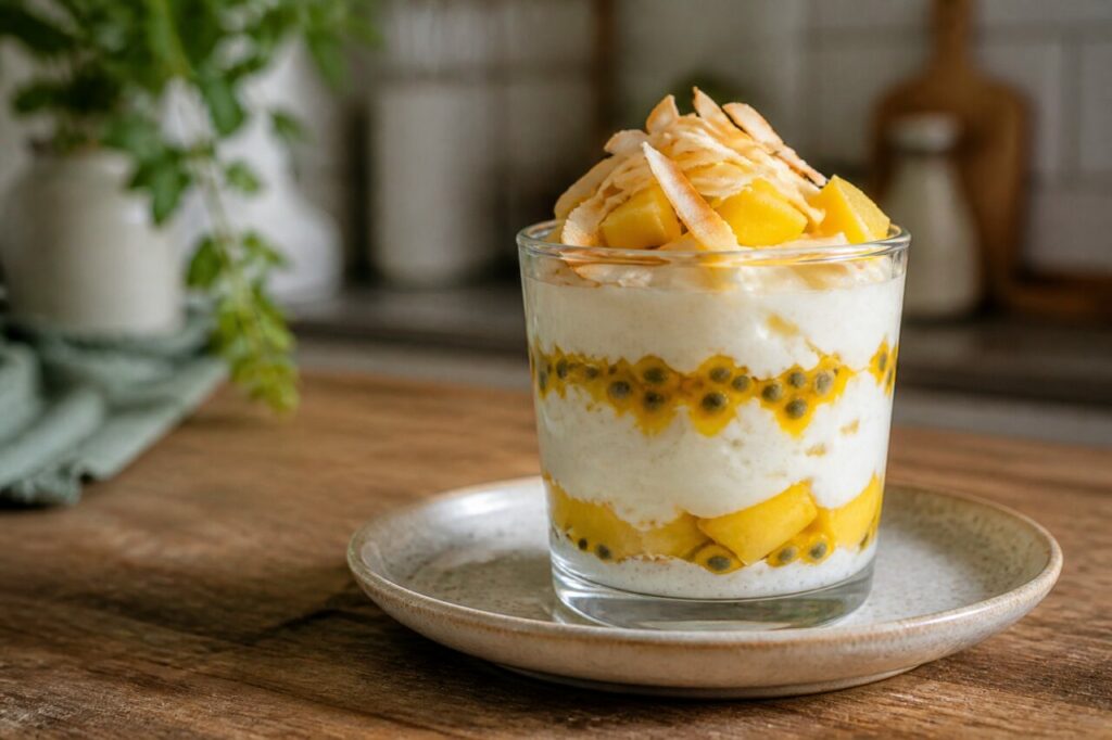 Parfait glacé mangue-passion-coco en verrine — verrine aux cubes de mangue, passion et coco au sommet