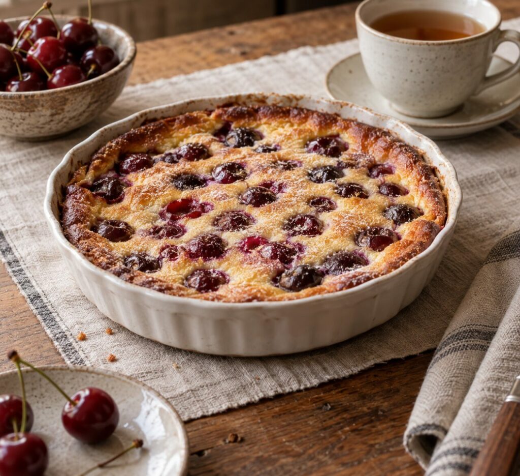 Porción de clafoutis de cerezas en plato con interior claro