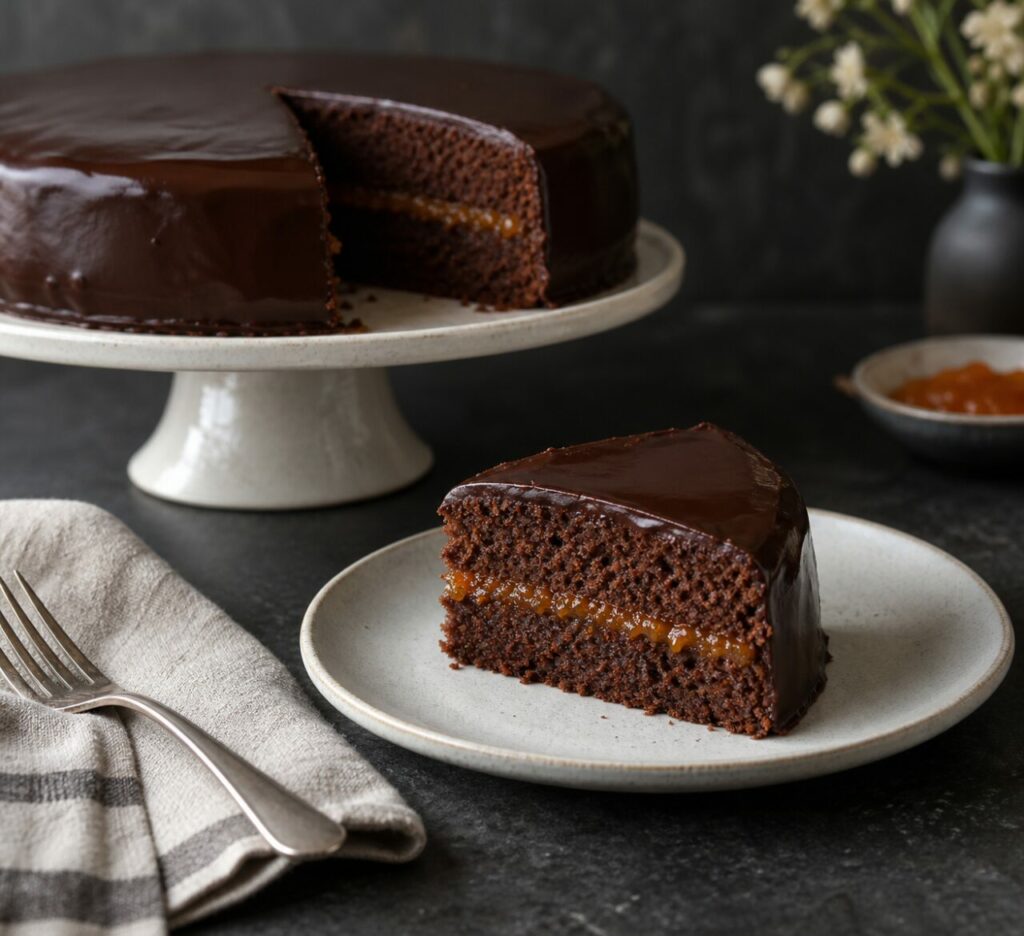 Pale plate with a chocolate Sacher torte slice