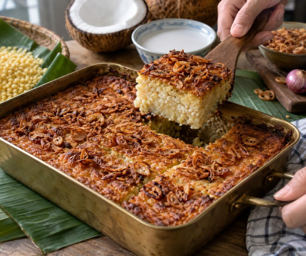 A coconut khanom mo kaeng slice lifted from a copper pan