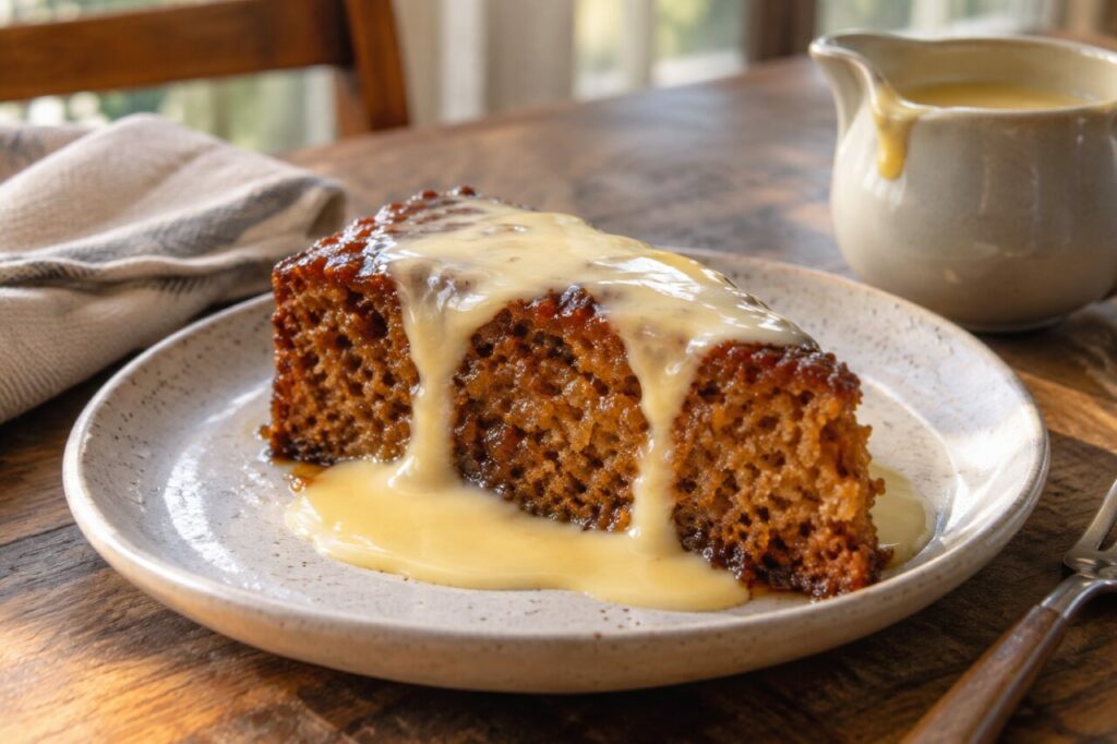 Single South African malva pudding slice under creamy sauce