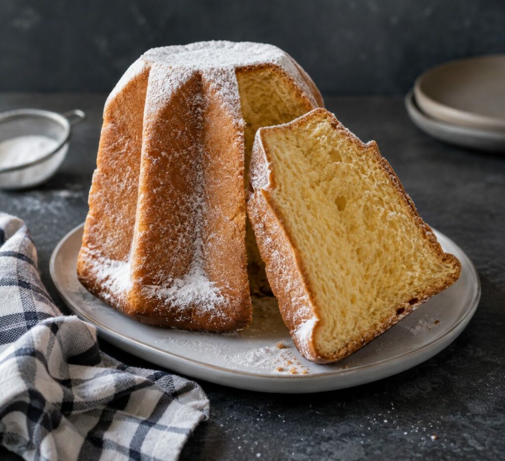 Part de pandoro italien sur assiette avec intérieur moelleux et torchon