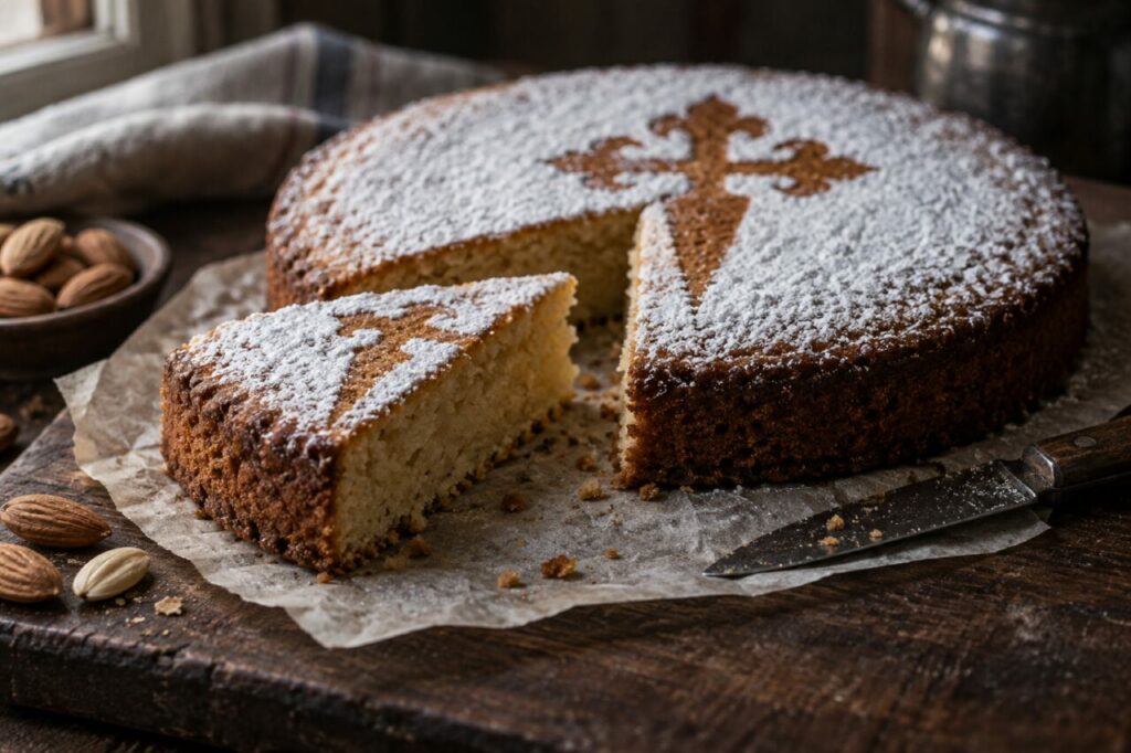 Fatia de tarta de Santiago sobre tábua escura e papel vegetal