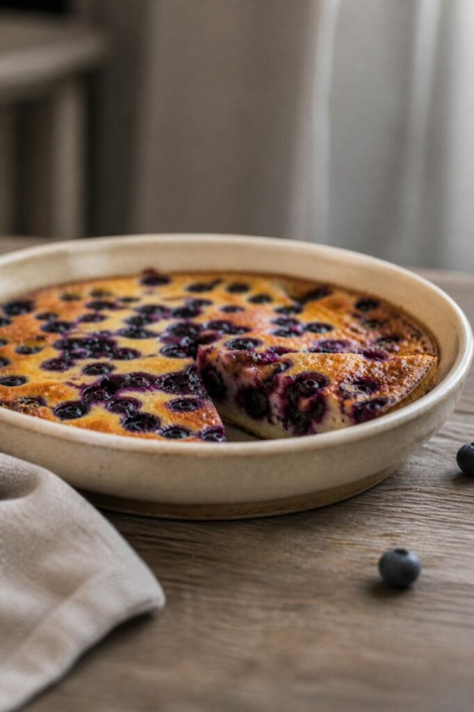 A thick wedge displays the baked centre of the blueberry clafoutis