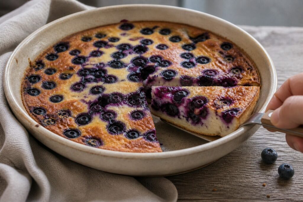 Cake server lifts a berry-packed slice of blueberry clafoutis