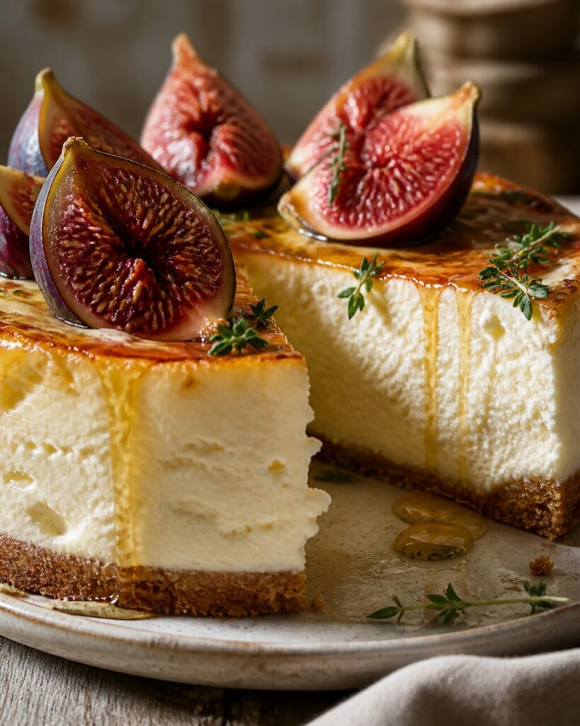 Ivoorkleurige vulling tekent de punt ricottacheesecake met vijgen