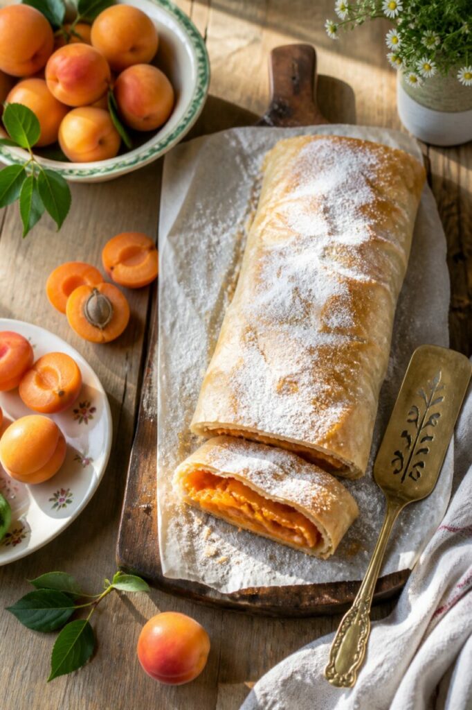 Porción espolvoreada de Marillenstrudel de albaricoque
