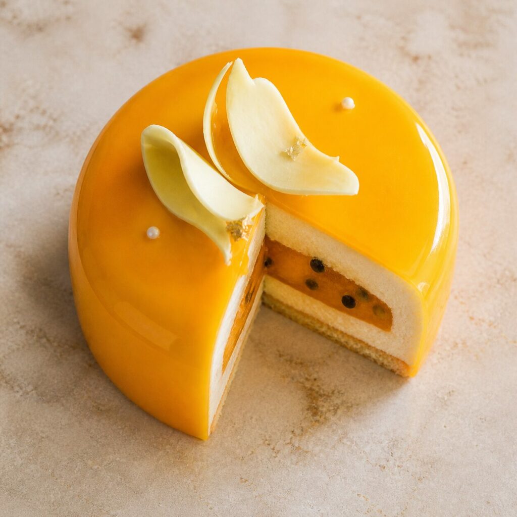 Sezione aperta mostra gli strati dell'entremet al mango e frutto della passione