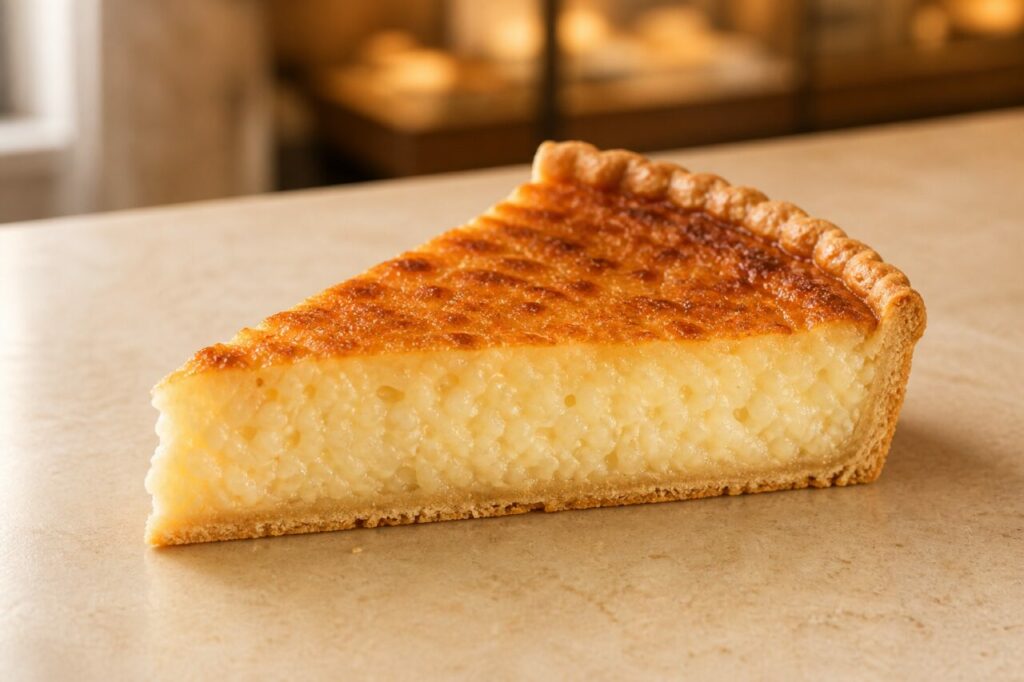 Part de tarte au riz belge avec garniture crémeuse et croûte dorée