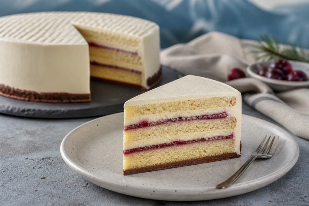 Part de Zuger Kirschtorte aux couches de biscuit, crème et cerise