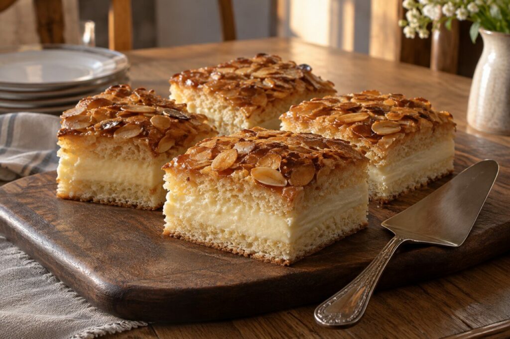 Bienenstich slices with caramelized almonds on a dark board