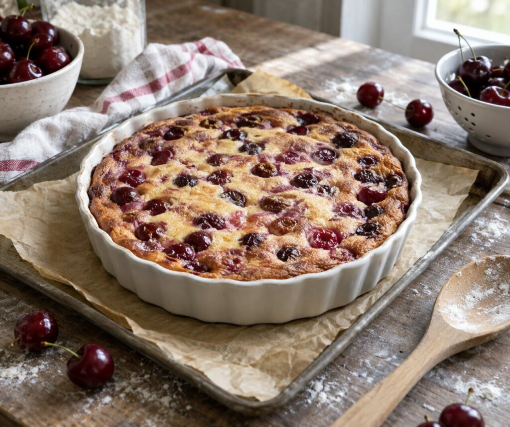 Porciones de clafoutis de cerezas sobre tabla oscura y paño