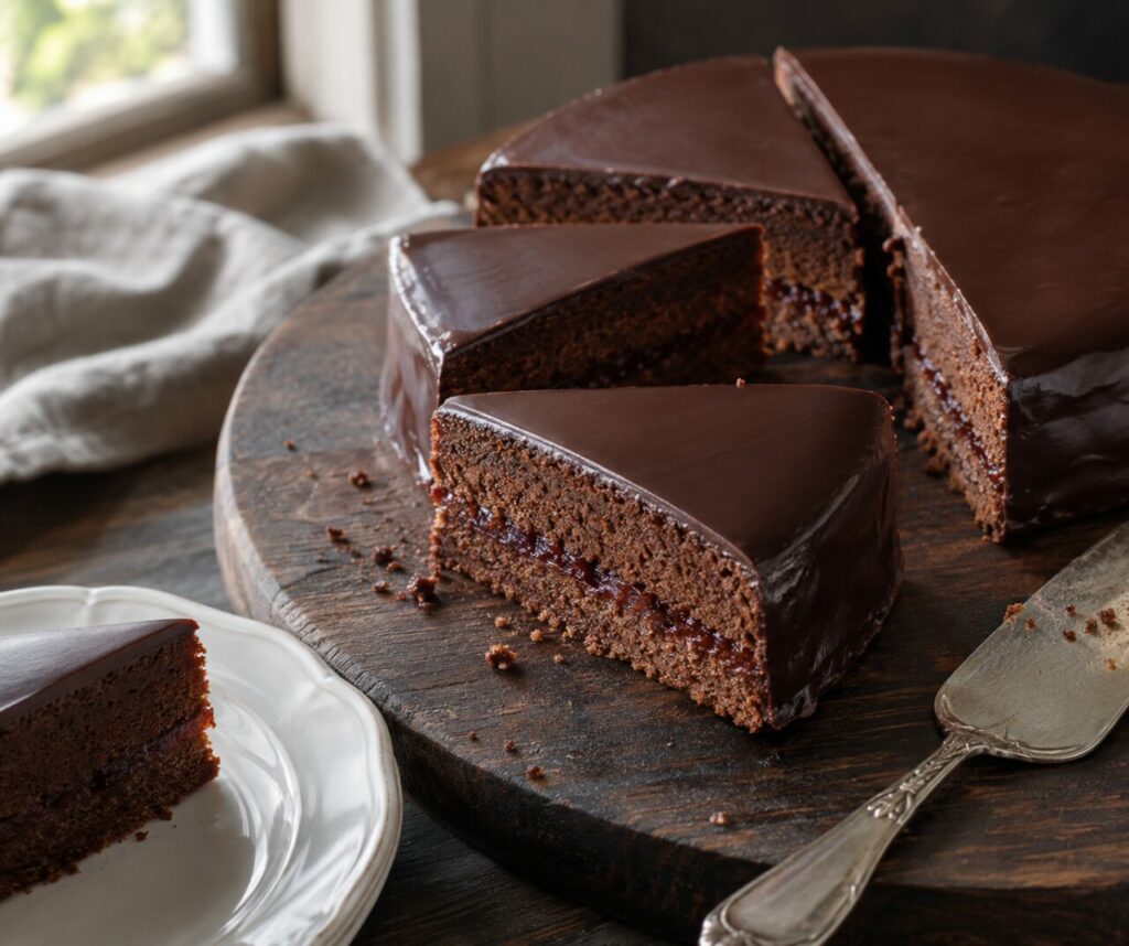 Chocolate Sacher torte slices on a dark board