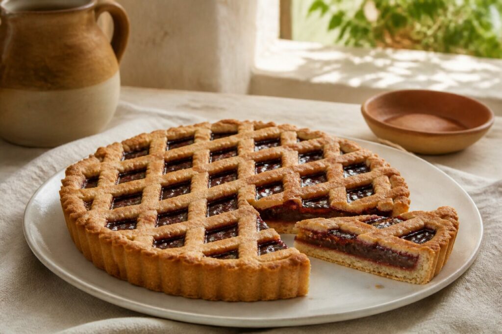 Pastafriola grega de Corfu, tarte rústica de fruta com treliça dourada e fatia