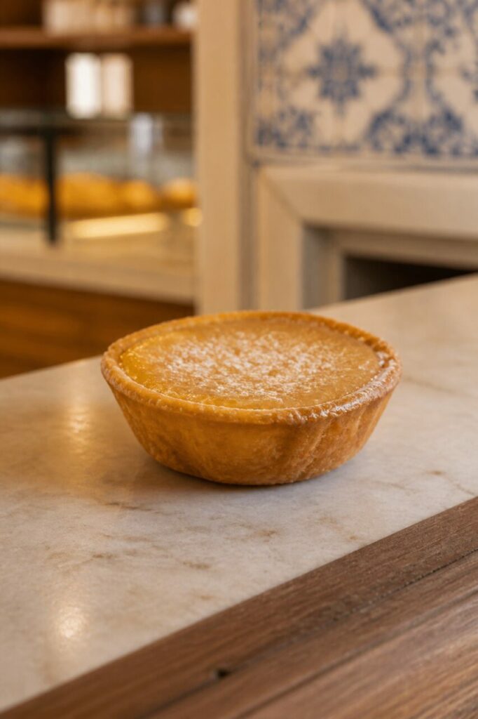 Portugese pastel de feijão naast een kopje
