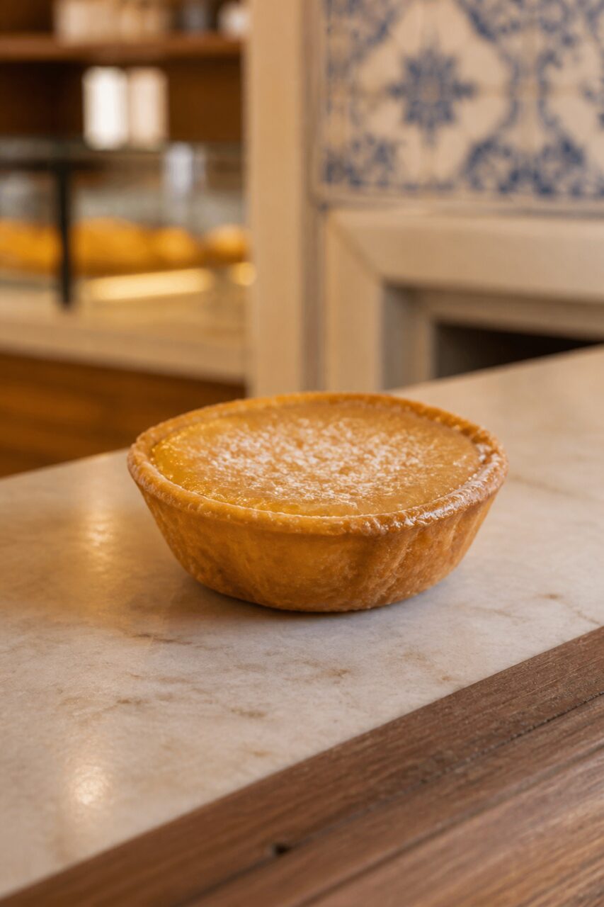 Portugese pastel de feijão naast een kopje