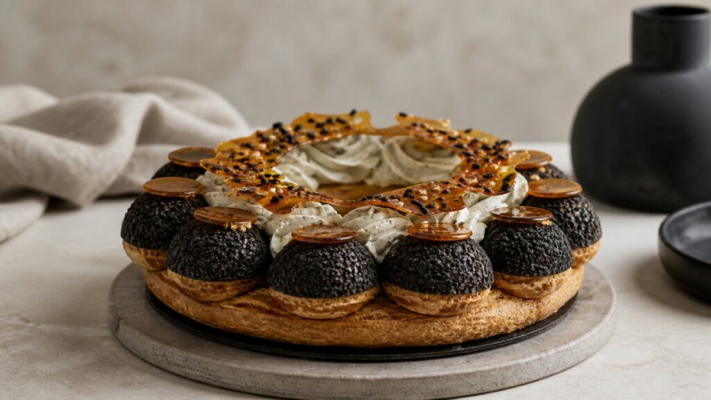 Amber caramel discs accent puff pastry beneath a black sesame Saint-Honoré