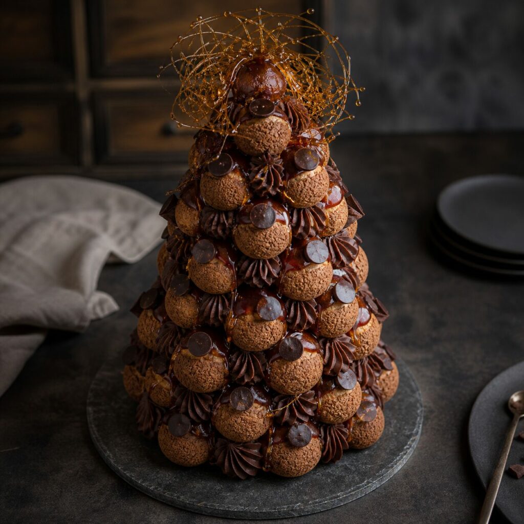 Dark chocolate discs punctuate the cream rosettes of the chocolate caramel croquembouche