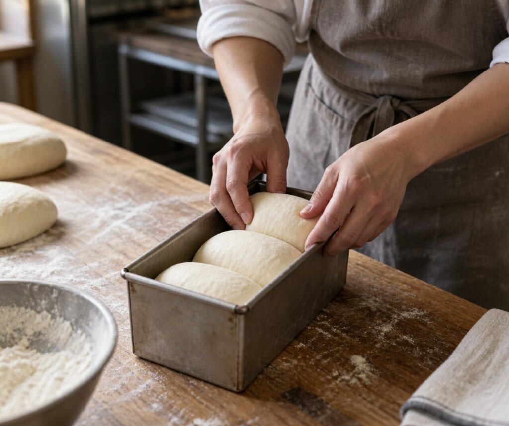 Shokupan dough shaped in a Pullman pan on a wooden workbench