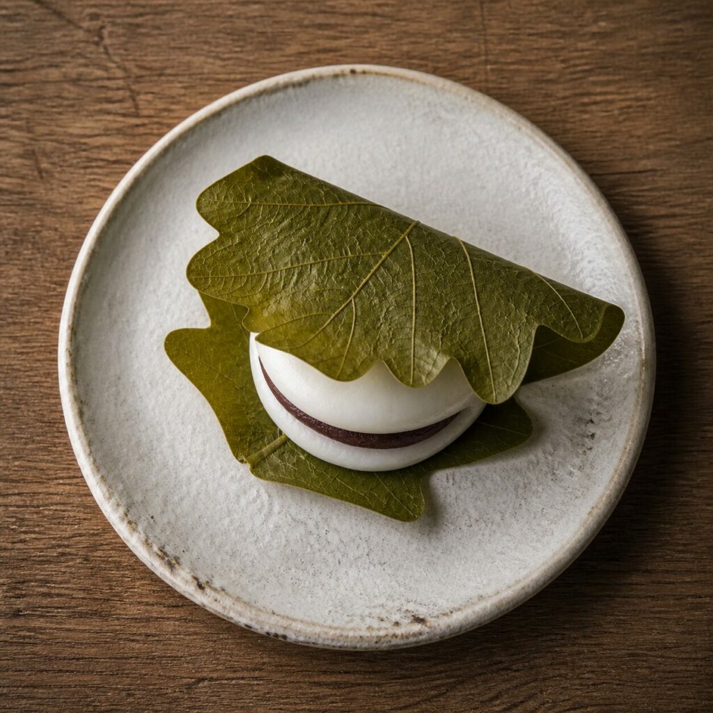 Pâte de riz lisse sous la feuille de chêne qui enveloppe le kashiwa mochi à l'anko