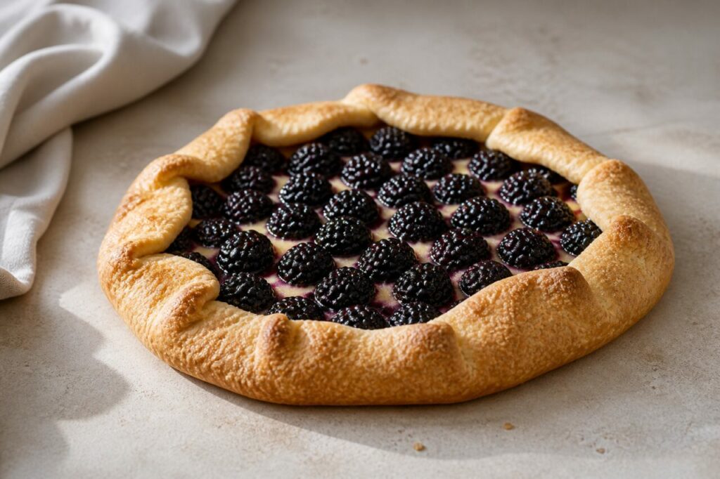 Falde dorate avvolgono la crostata rustica alle more