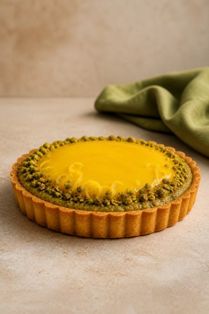 Base canelada sob a tarte de limão com pistácio