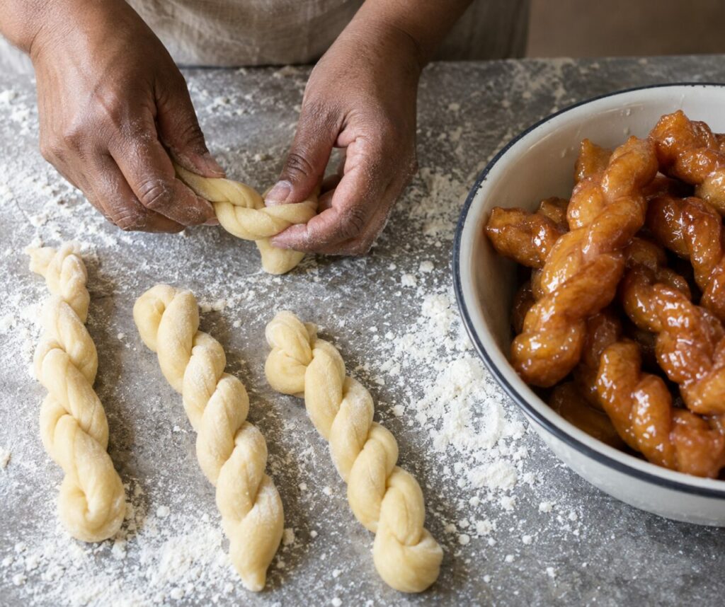 Braided dough forming South African koeksisters beside finished pastries